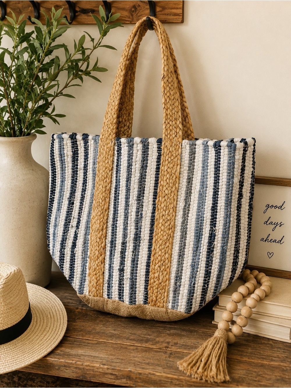 POL Striped Woven Tote Bag with Jute Handles - Blue & Natural